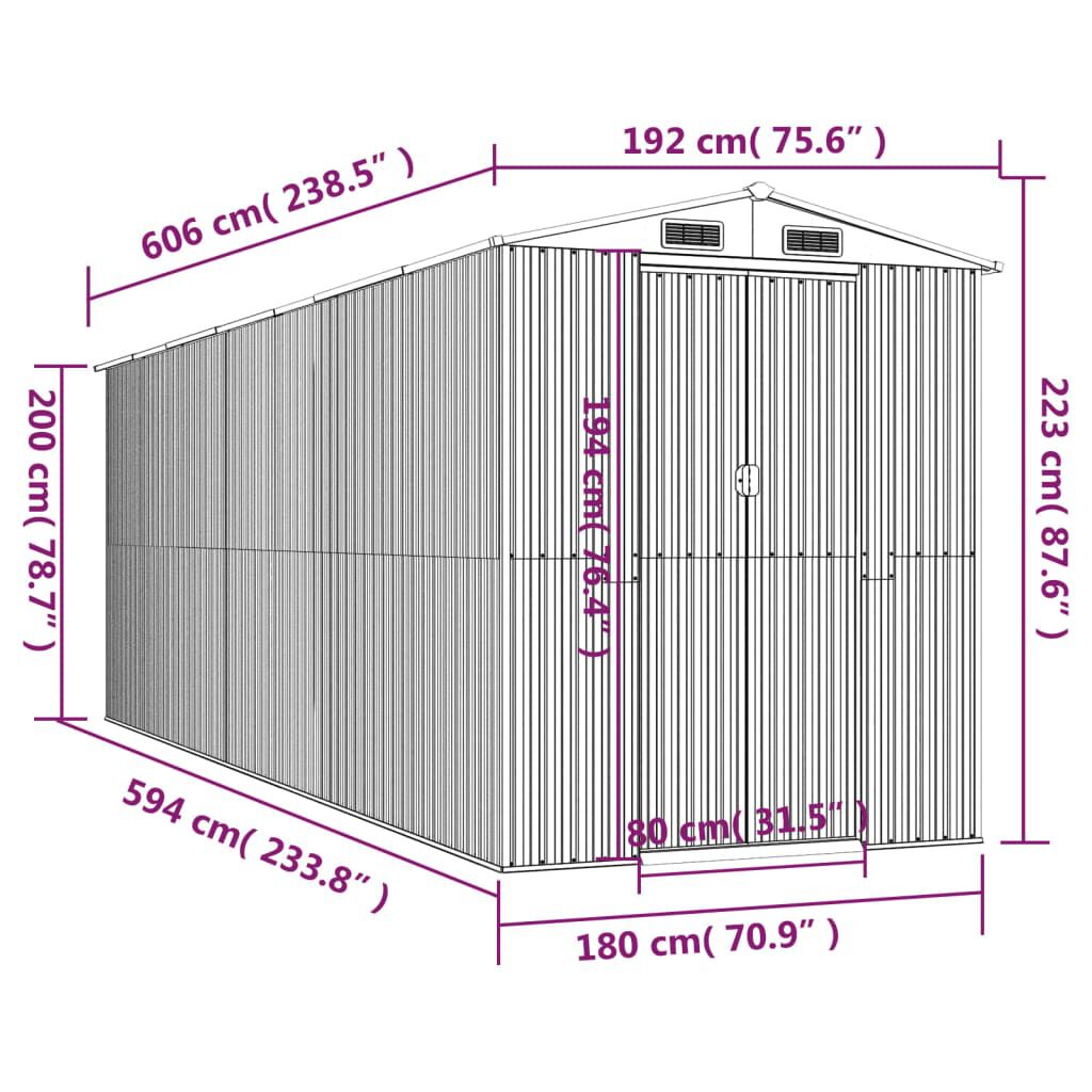 vidaXL Αποθήκη Κήπου Ανοιχτό γκρι 192x606x223 εκ. Γαλβανισμένο Ατσάλι