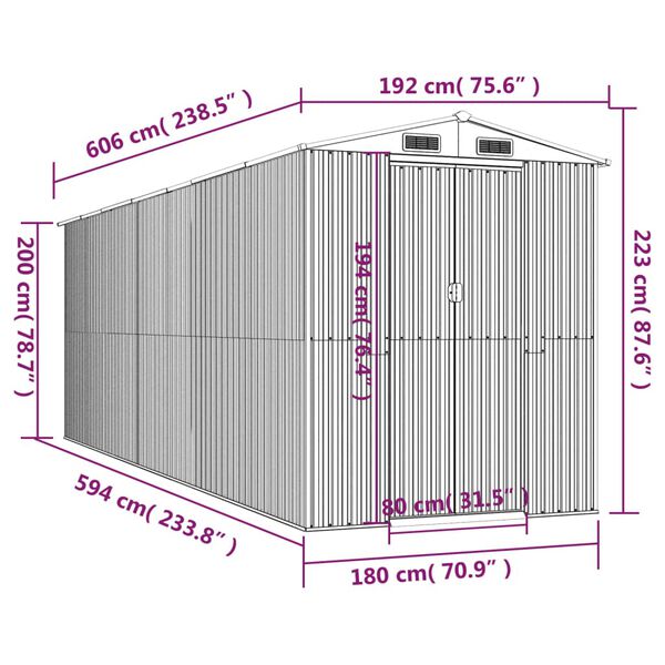 vidaXL Αποθήκη Κήπου Ανοιχτό γκρι 192x606x223 εκ. Γαλβανισμένο Ατσάλι