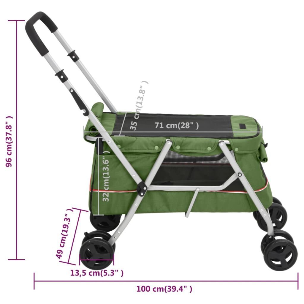vidaXL Καρότσι Σκύλου Πτυσσόμενο Πράσινο 100x49x96 εκ. Λινό Ύφασμα
