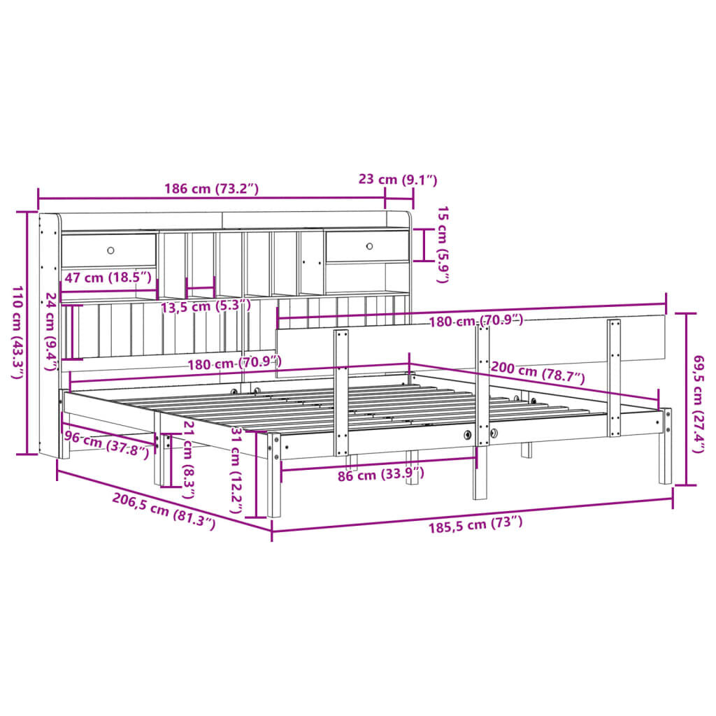 vidaXL Κρεβάτι Βιβλιοθήκη Χωρίς Στρώμα 180x200 εκ Μασίφ Ξύλο Πεύκου