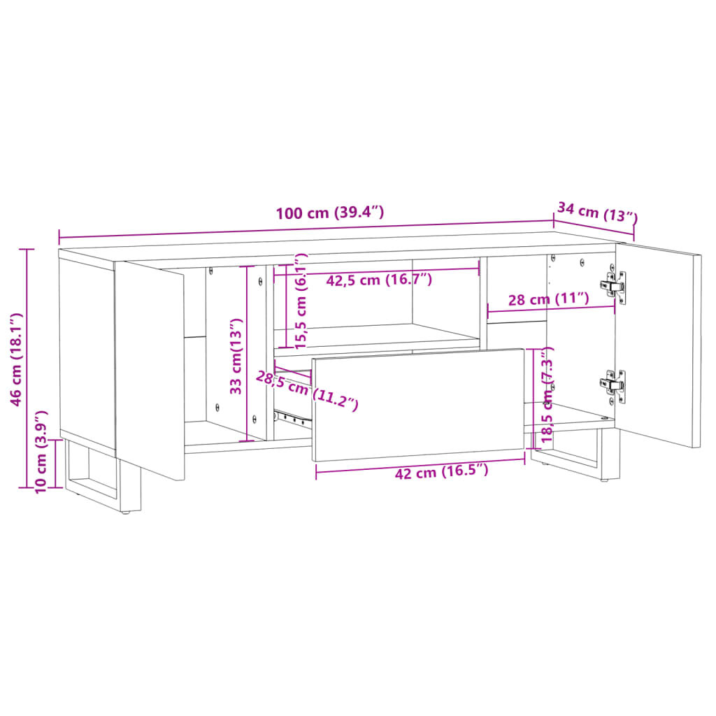 vidaXL Έπιπλο Τηλεόρασης Καφέ 100x34x46 εκ. Μασίφ Ξύλο Μάνγκο