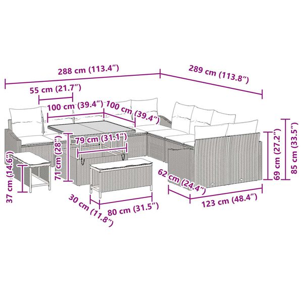 vidaXL Σετ Καναπέ Κήπου με μαξιλάρι 13 pcs Γκρι Πολυ ράταν