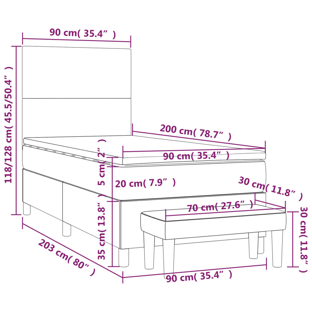 vidaXL Κρεβάτι Boxspring με Στρώμα Ανοιχτό Γκρι 90x200 εκ. Βελούδινο