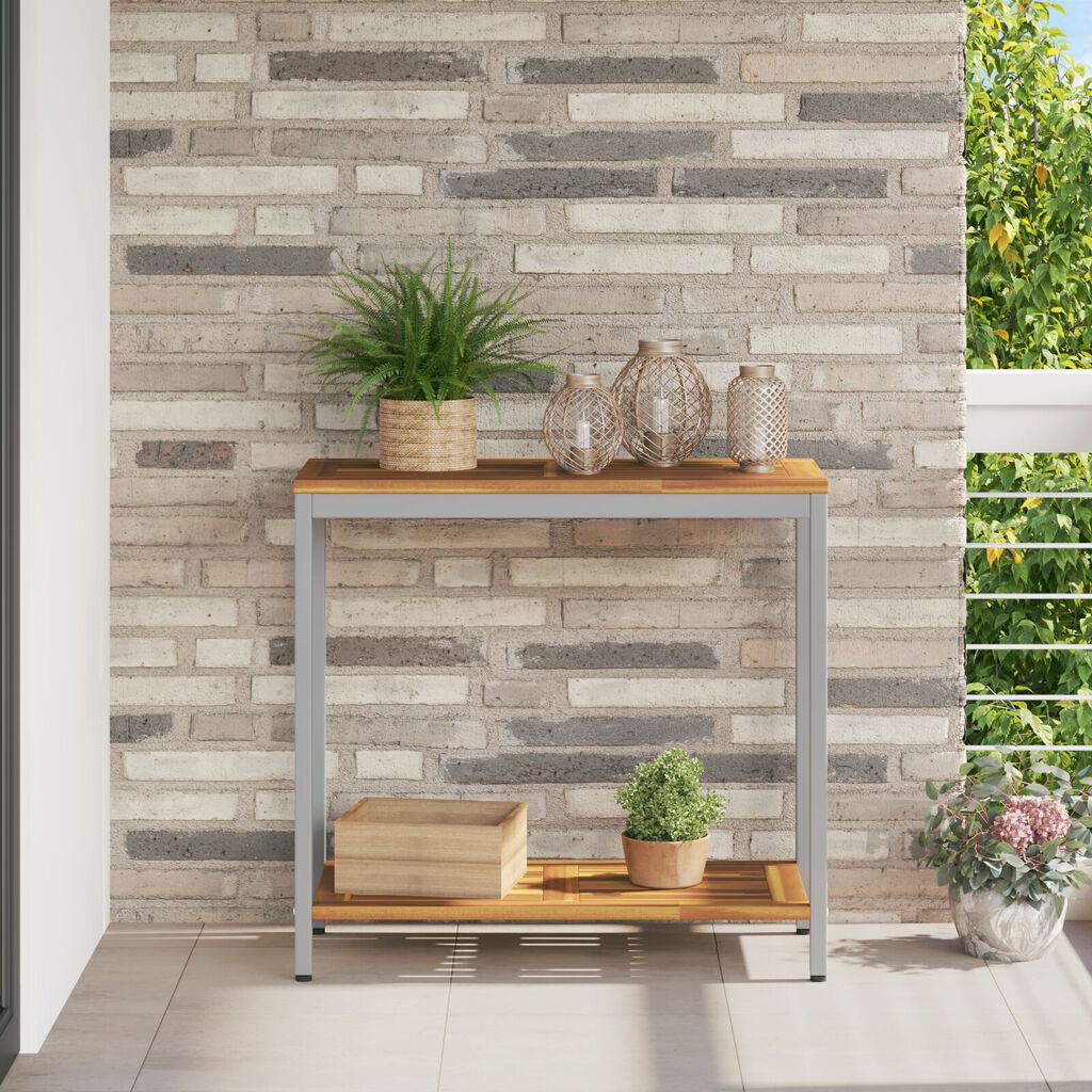 vidaXL Εξωτερικό Τραπέζι Φυσικό & Γκρι 35x80x75 εκ. Μασίφ Ξύλο και Χάλυβας