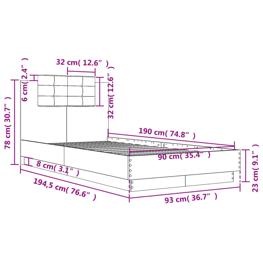 vidaXL Πλαίσιο Κρεβατιού με Κεφαλάρι Γκρι Sonoma 90x190 εκ. Επεξ. Ξύλο