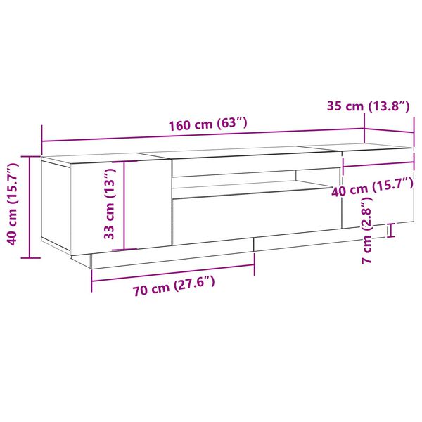 vidaXL Κάδος τηλεόρασης με LED φώτα, Μαύρο Δρυς, 160x35x40 εκ., από επεξεργασμένο ξύλο