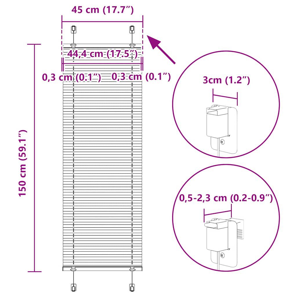 vidaXL Πλισέ περσίδα Λευκό 45x150 cm Πλάτος υφάσματος 44,4 cm