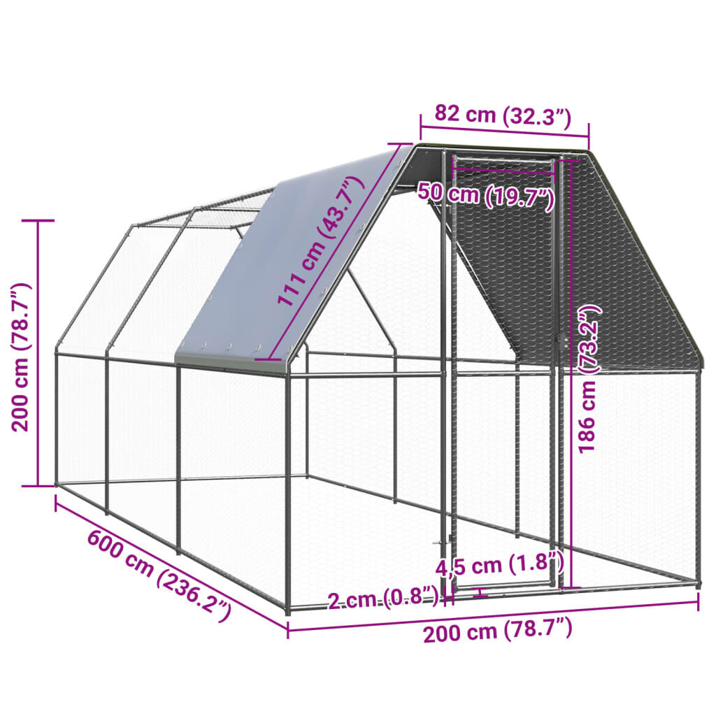 vidaXL Κοτέτσι - Κλουβί 2 x 6 x 2 μ. από Γαλβανισμένο Χάλυβα