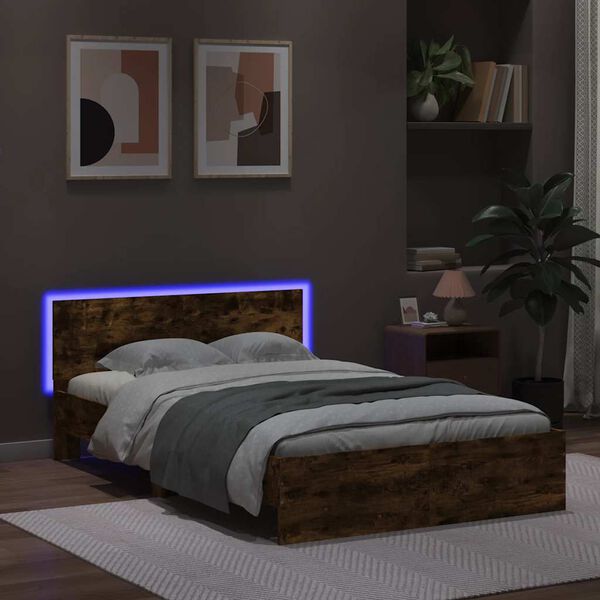 vidaXL Πλαίσιο Κρεβατιού με Κεφαλάρι/LED Καπν. Δρυς 140x190 εκ.
