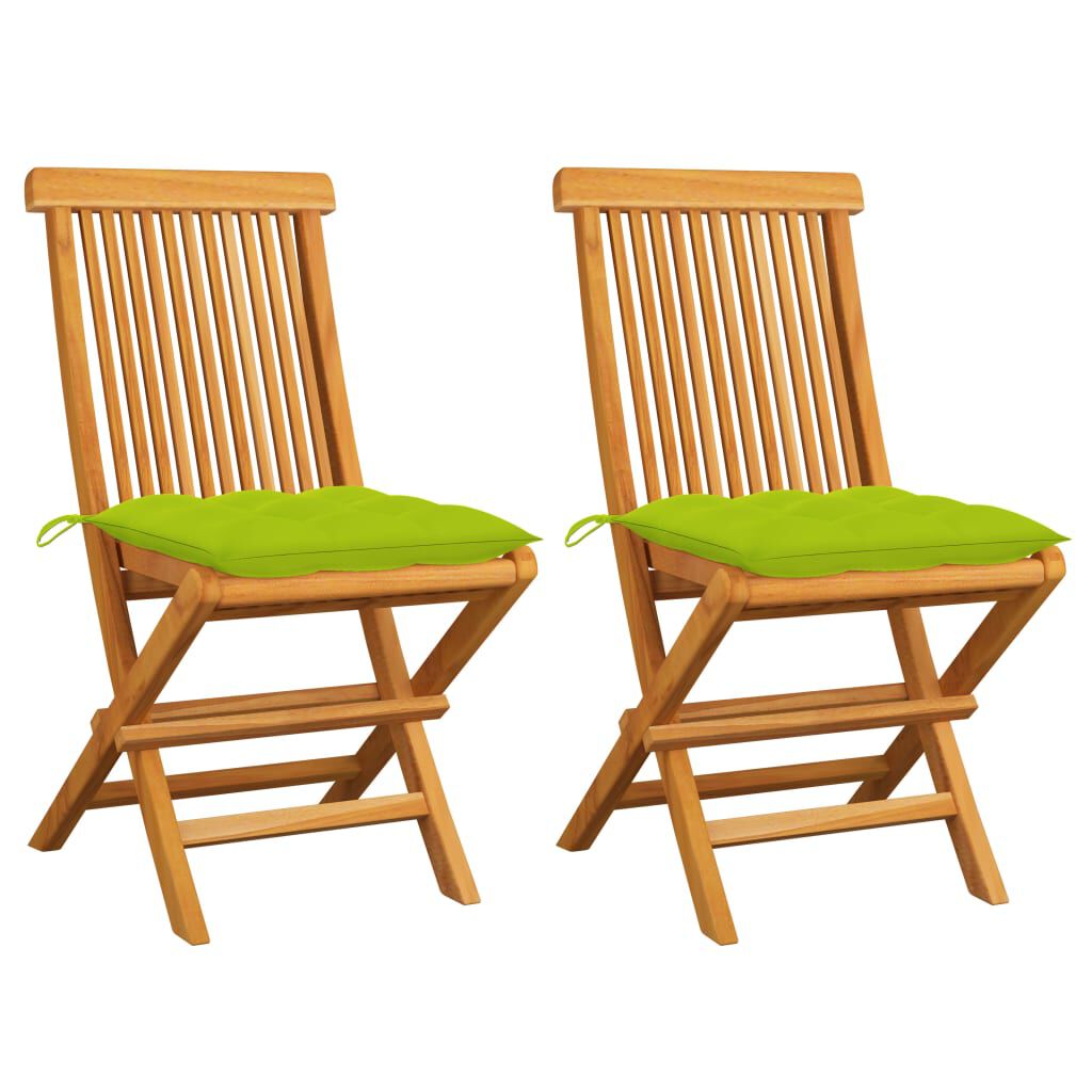 vidaXL Καρέκλες Κήπου 2 τεμ. Μασίφ Ξύλο Teak με Φωτ. Πράσινα Μαξιλάρια