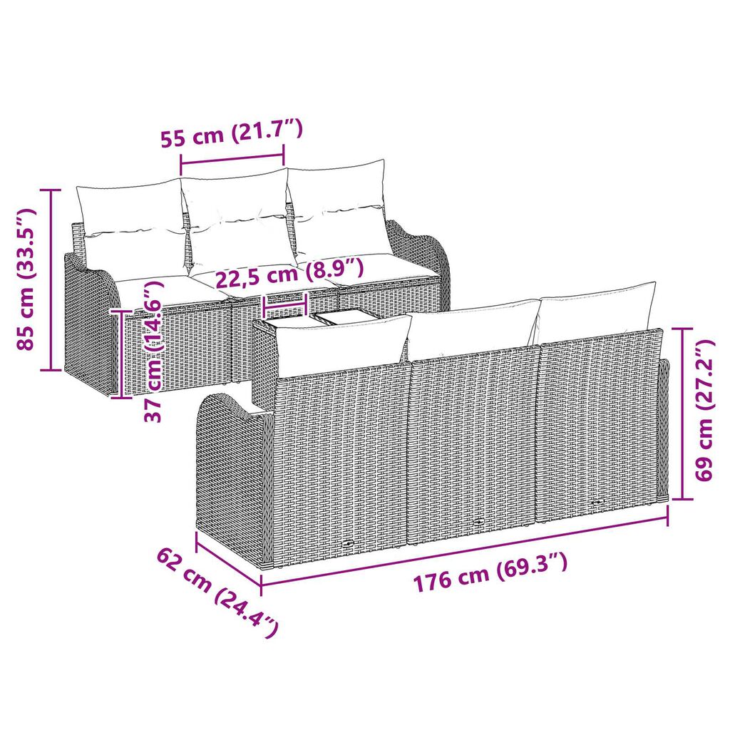 vidaXL Σετ Καναπέ Κήπου 7 pcs Γκρι 55 x 55 x 37 εκ Πολυ ράταν