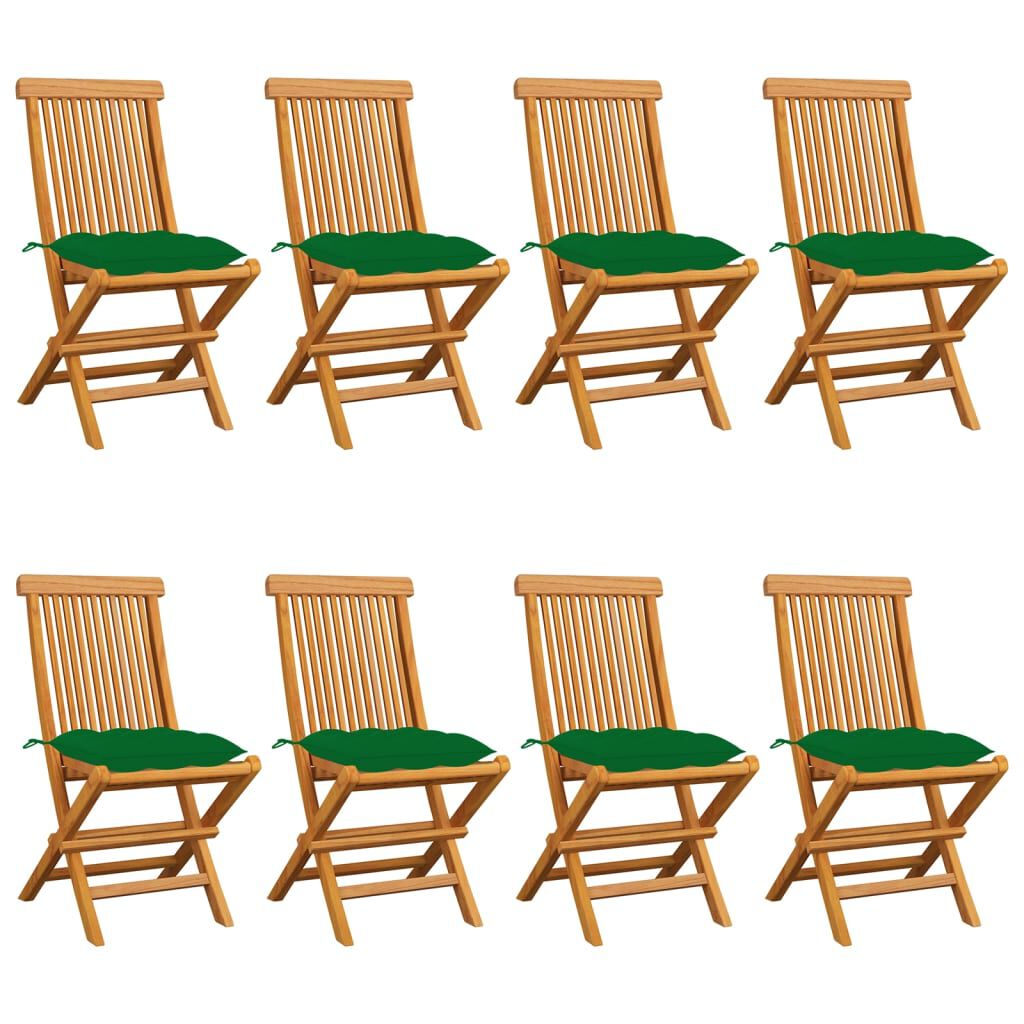 vidaXL Καρέκλες Κήπου 8 τεμ. Μασίφ Ξύλο Teak με Πράσινα Μαξιλάρια