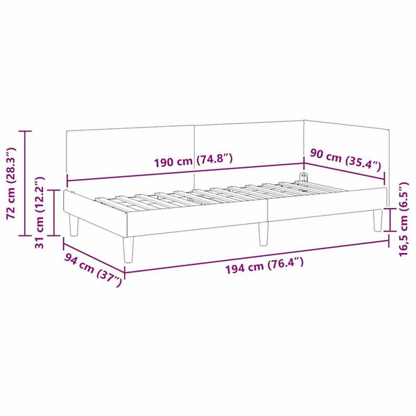 vidaXL Κρεβάτι Γωνίας Άλλο Μαύρο 90 x 190 cm Ύφασμα και Έργο ξύλου