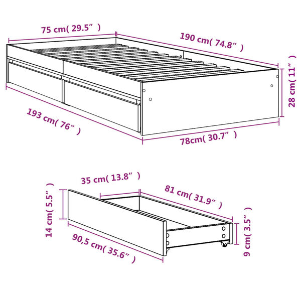 vidaXL Πλαίσιο Κρεβατιού με Συρτάρια Καφέ Δρυς 75x190 εκ.