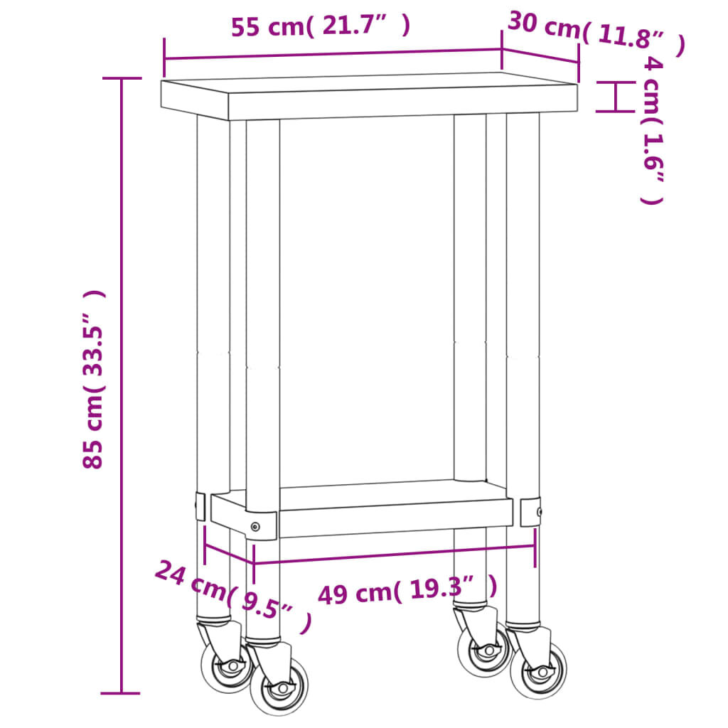 vidaXL Πάγκος Εργασίας Κουζίνας με Ροδάκια 55x30x85 εκ Ανοξείδ. Ατσάλι