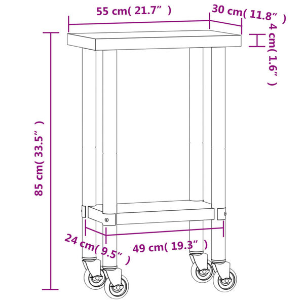 vidaXL Πάγκος Εργασίας Κουζίνας με Ροδάκια 55x30x85 εκ Ανοξείδ. Ατσάλι