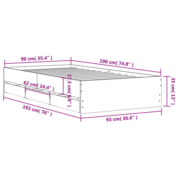 vidaXL Πλαίσιο Κρεβατιού με Συρτάρια Μαύρο 90x190 εκ. Επεξ. Ξύλο