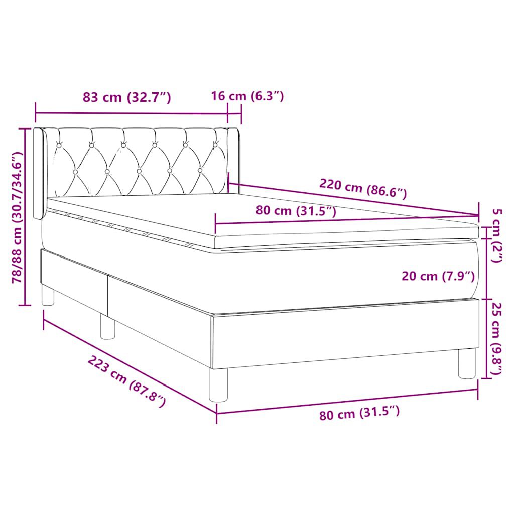 vidaXL Box Spring κρεβάτι με στρώμα σκούρο πράσινο 80x220εκ. Βελούδινο
