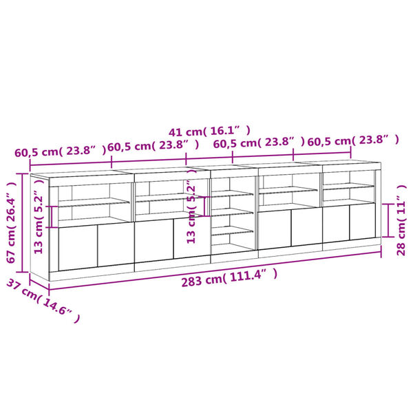 vidaXL Μπουφές με LED Γκρι Σκυροδέματος 283 x 37 x 67 εκ.