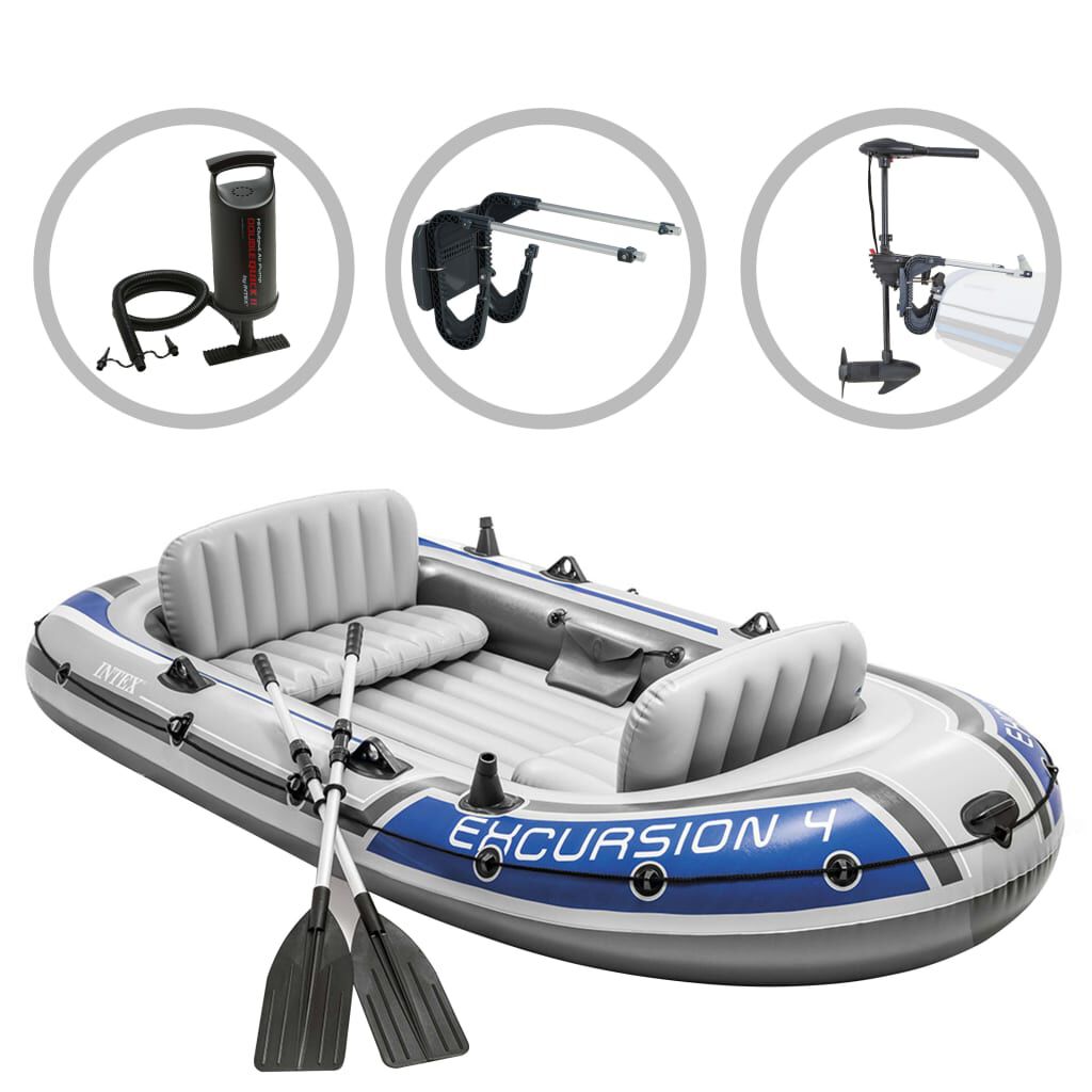 Intex Σετ Βάρκα Φουσκωτή Excursion 4 με Εξωλέμβια Μηχανή και Βάση