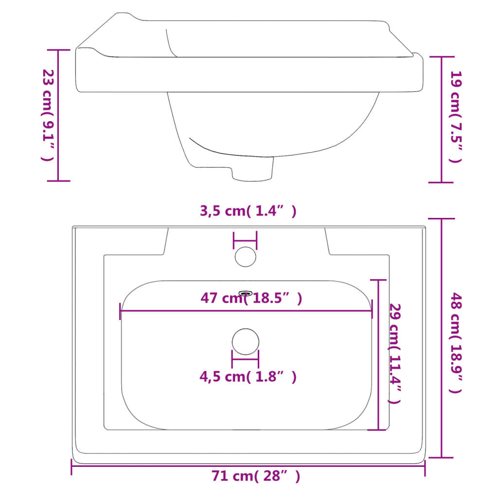 vidaXL Νιπτήρας Μπάνιου Ορθογώνιος Λευκός 71 x 48 x 23 εκ. Κεραμικός