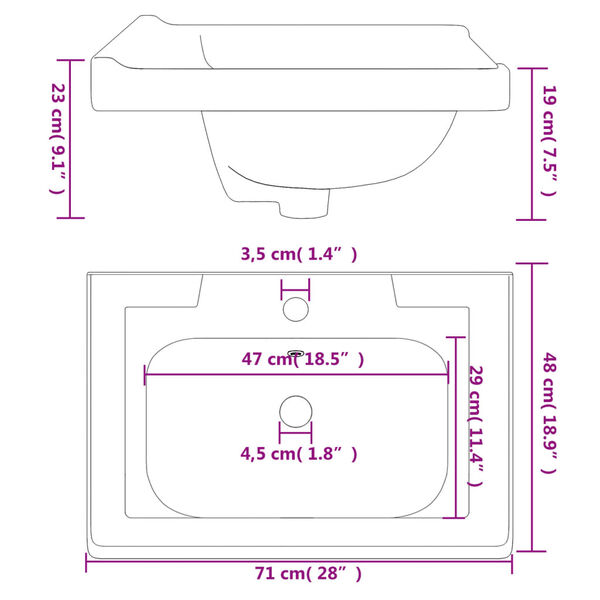 vidaXL Νιπτήρας Μπάνιου Ορθογώνιος Λευκός 71 x 48 x 23 εκ. Κεραμικός