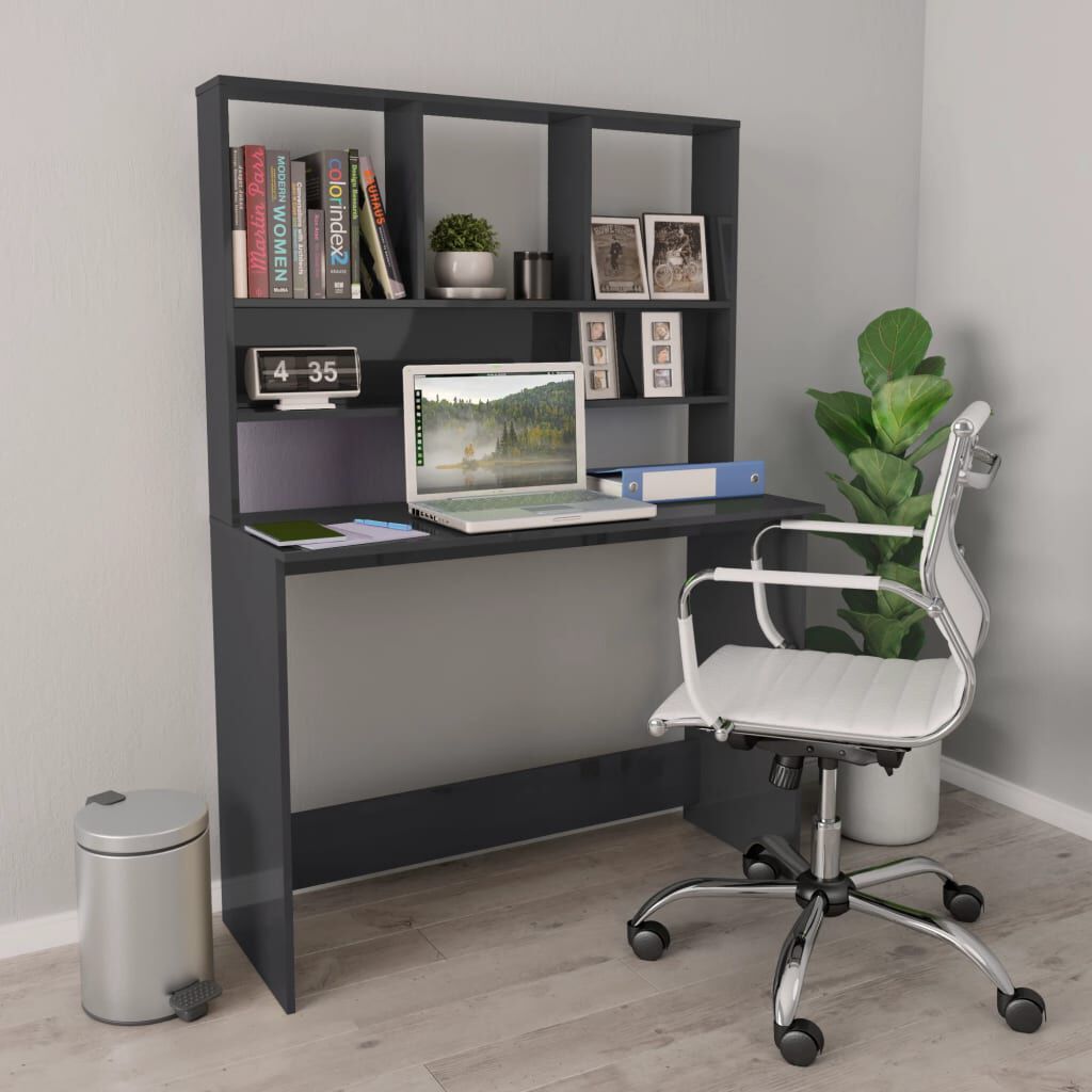 vidaXL Γραφείο με Ράφια Γυαλιστερό Γκρι 110x45x157 εκ. Μοριοσανίδα
