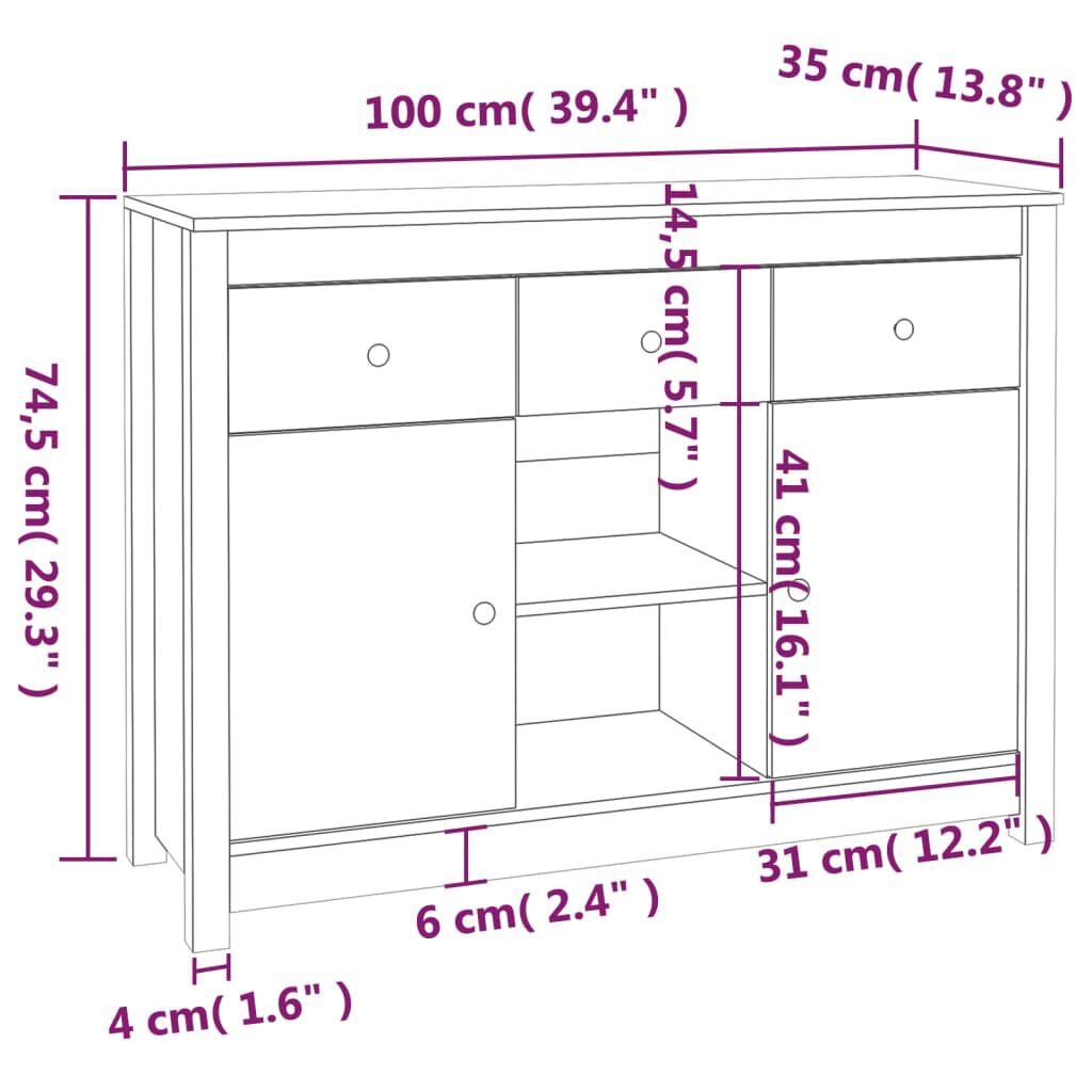 vidaXL Ντουλάπι Μαύρο 100 x 35 x 74,5 εκ. από Μασίφ Ξύλο Πεύκου