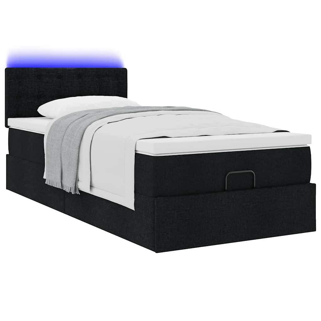 vidaXL Οθωμανικό κρεβάτι με στρώμα & LEDs Μαύρο 100x200 cm Ύφασμα
