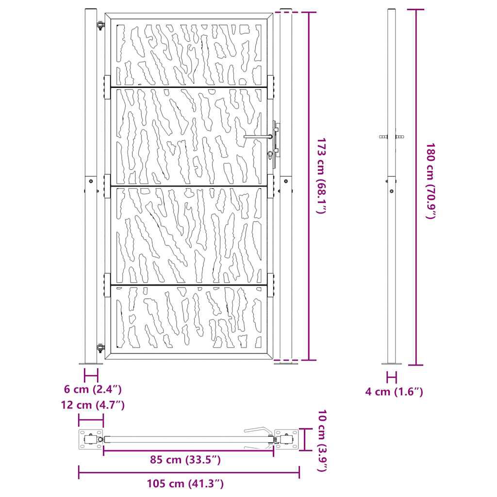 vidaXL Πύλη κήπου Μαύρη 105x180 cm Ατσάλινο σχέδιο ίχνους