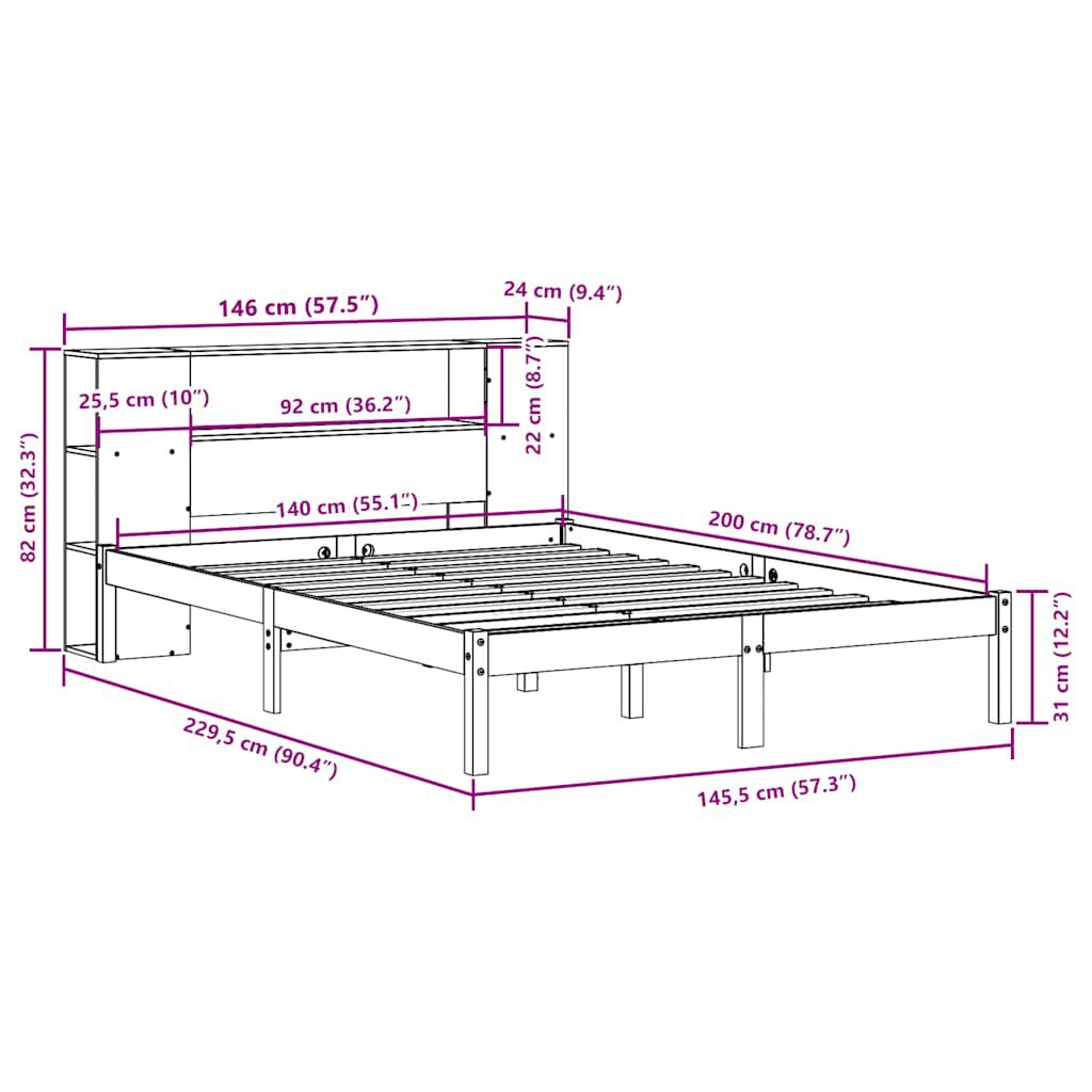 vidaXL Κρεβάτι Βιβλιοθήκη Χωρίς Στρώμα 140x200 εκ Μασίφ Ξύλο Πεύκο