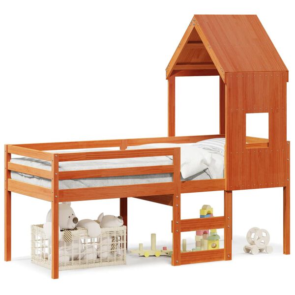 vidaXL Κρεβάτι Υπερυψωμένο με Οροφή Καφέ 90x200 εκ. Μασίφ Ξύλο Πεύκου