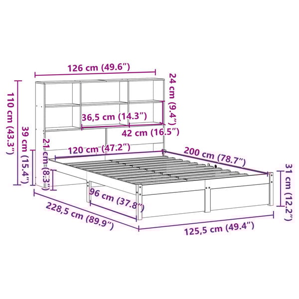 vidaXL Κρεβάτι Βιβλιοθήκη Χωρίς Στρώμα 120x200 εκ Μασίφ Ξύλο Πεύκο