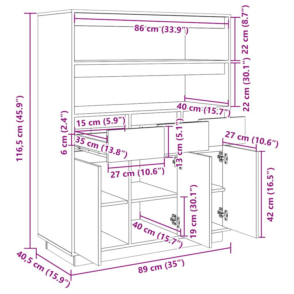 vidaXL Ντουλάπι Ψηλό Λευκό 89x40x116,5 εκ. από Μασίφ Ξύλο Πεύκου