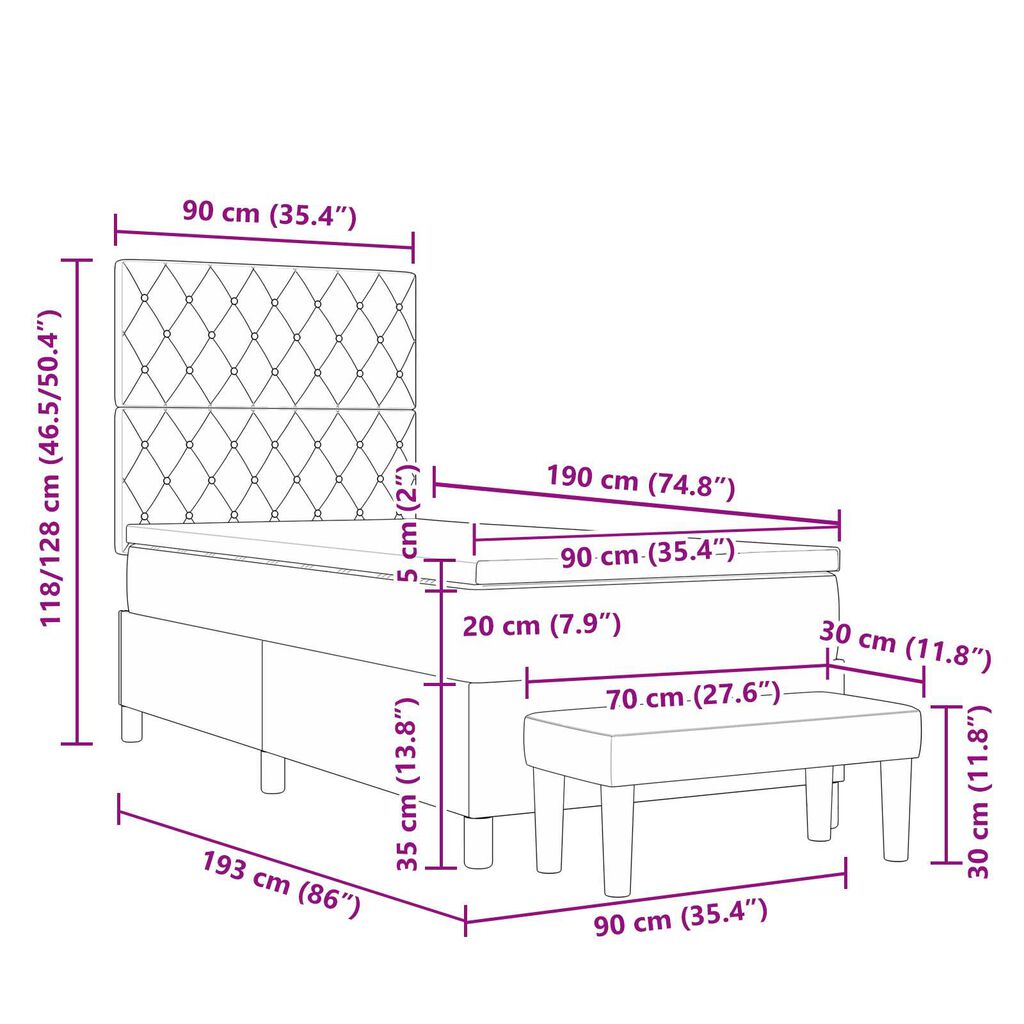 vidaXL Κρεβάτι Box Spring με Στρώμα & Παγκάκι Σκούρο Πράσινο 90x190 εκ. Βελούδο