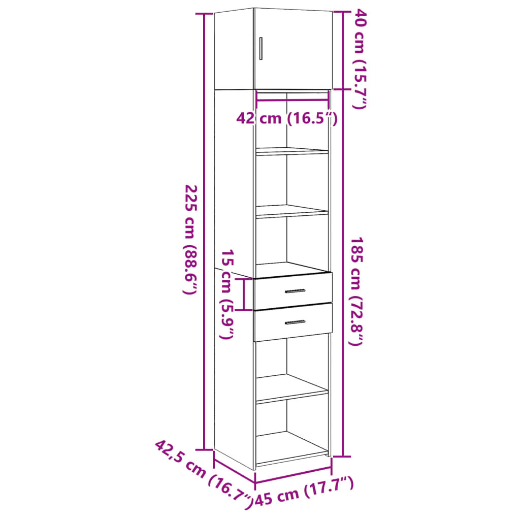 vidaXL Ντουλάπι Αποθήκευσης Στενό Δρυς 45x42,5x225 εκ. Επεξεργ. Ξύλο