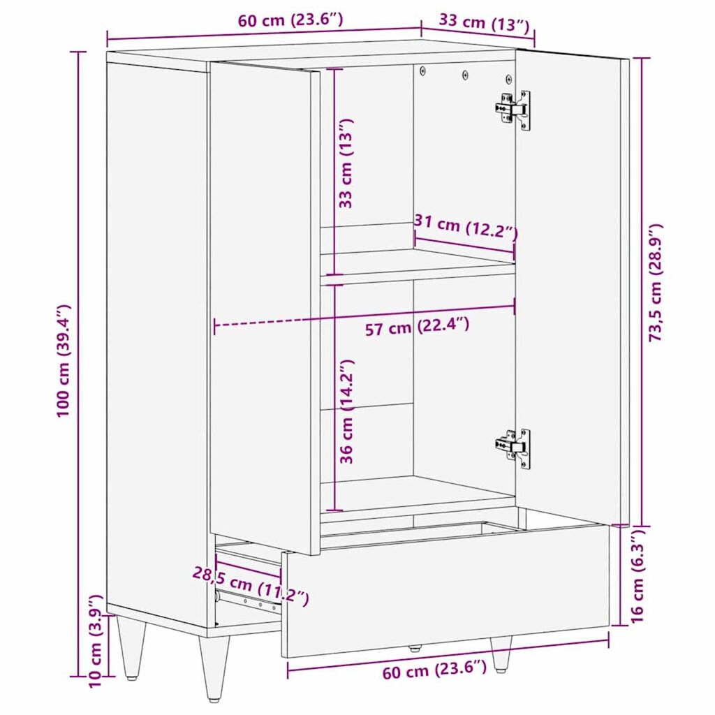 vidaXL Highboard με συρτάρι Λευκό 60 x 33 x 100 εκ. Μασίφ ξύλο μάνγκο