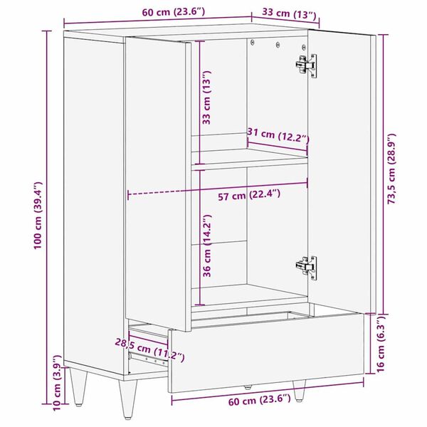 vidaXL Highboard με συρτάρι Λευκό 60 x 33 x 100 εκ. Μασίφ ξύλο μάνγκο