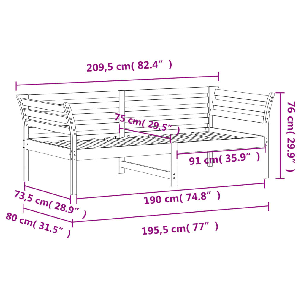 vidaXL Κρεβάτι ημέρας χωρίς στρώμα Λευκό 75x190 cm Στερεό ξύλο πεύκο