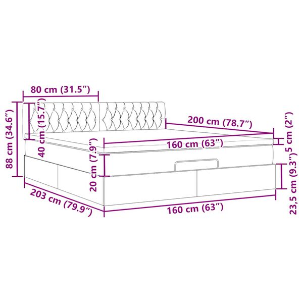 vidaXL Οθωμανικό κρεβάτι με στρώμα & LEDs Μαύρο ύφασμα 160x200cm