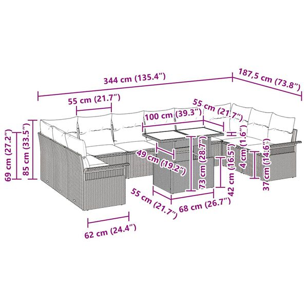 vidaXL Σετ Καναπέ Κήπου με μαξιλάρι με μαξιλάρι 11 pcs Μπεζ Πολυ Ρατάν