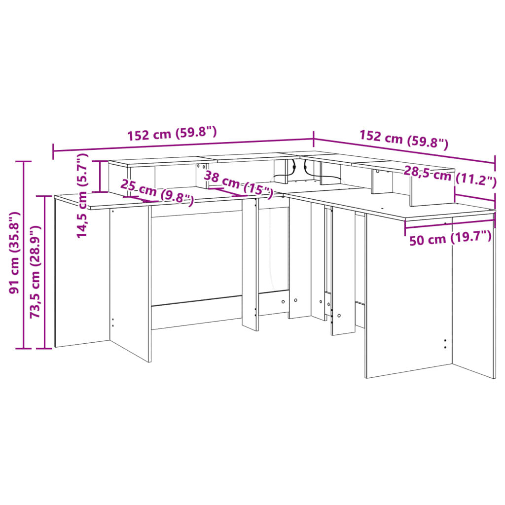 vidaXL Γραφείο με LED Γκρι Σκυρόδεματος 152x152x91 εκ. Επεξεργ. Ξύλο