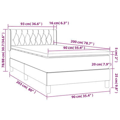 vidaXL Κρεβάτι Boxspring με Στρώμα Σκούρο Γκρι 90x200 εκ. Υφασμάτινο