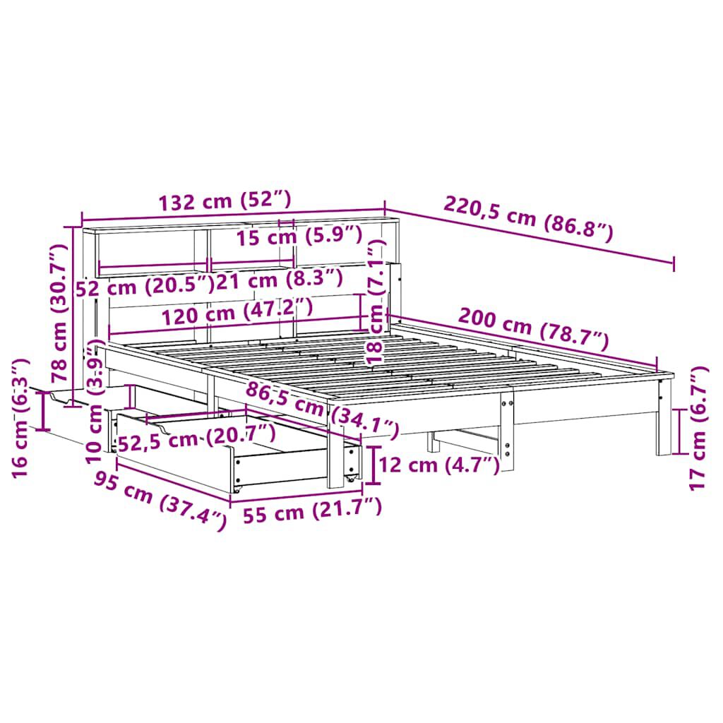 vidaXL Κρεβάτι Βιβλιοθήκη Χωρίς Στρώμα 120x200 εκ Μασίφ Ξύλο Πεύκο
