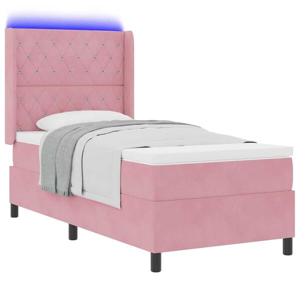 vidaXL Κρεβάτι Box Spring LED με Στρώμα Argyle Ροζ 90 x 190 cm Βελούδο