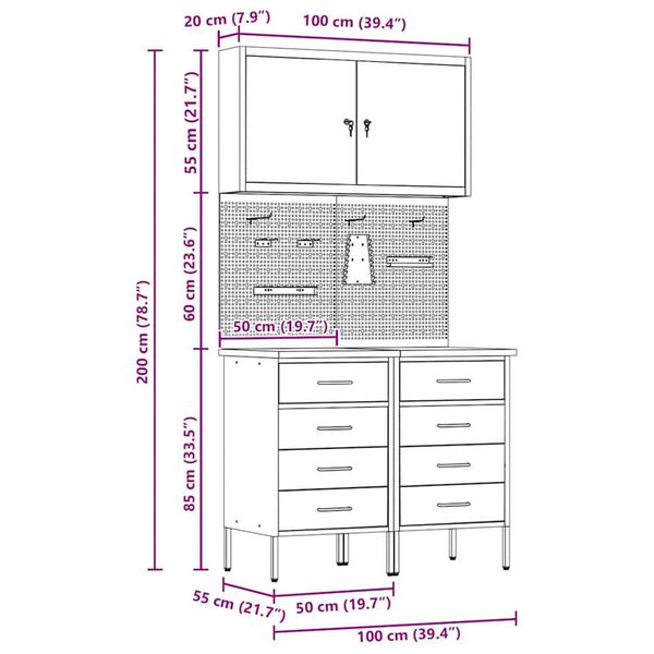 vidaXL Πάγκος εργασίας με συρτάρι 5 pcs Μαύρο 100 x 55 x 200 εκ Ατσάλι