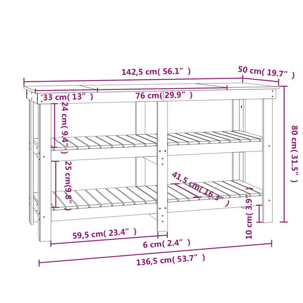 vidaXL Πάγκος Εργασίας Γκρι 142,5 x 50 x 80 εκ. από Μασίφ Ξύλο Πεύκου