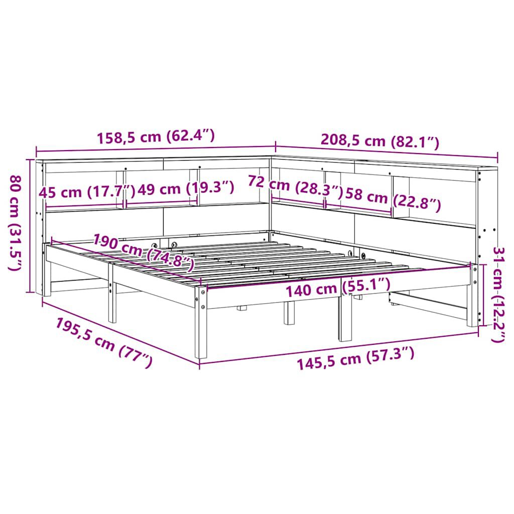 vidaXL Κρεβάτι Βιβλιοθήκη Χωρίς Στρώμα 140x190 εκ Μασίφ Ξύλο Πεύκου