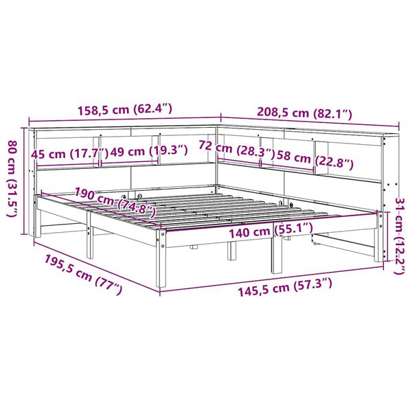 vidaXL Κρεβάτι Βιβλιοθήκη Χωρίς Στρώμα 140x190 εκ Μασίφ Ξύλο Πεύκου