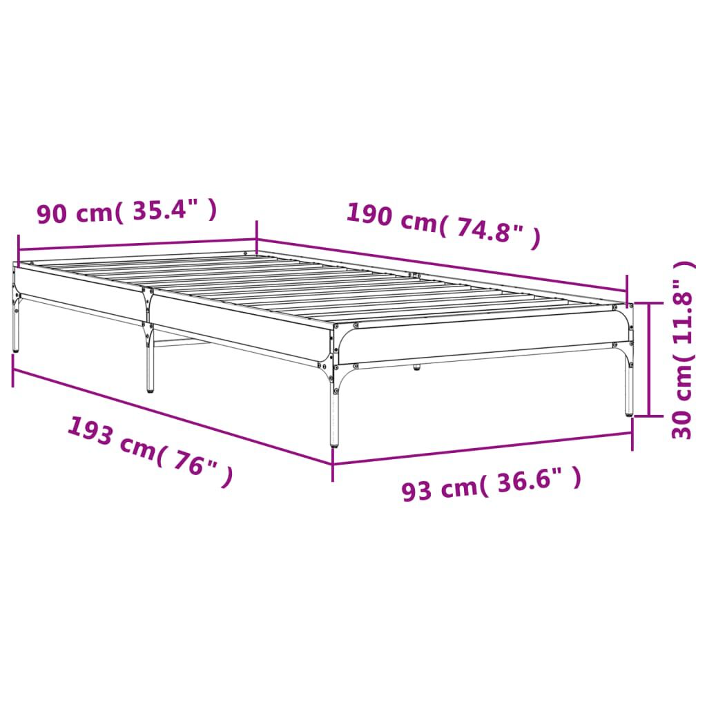 vidaXL Πλαίσιο Κρεβατιού Sonoma Δρυς 90 x 190 εκ. Επεξ. Ξύλο & Μέταλλο